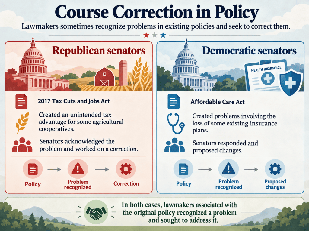 Infographic showing Republican and Democratic senators recognizing problems in major policies and seeking corrections to the 2017 Tax Cuts and Jobs Act and the Affordable Care Act.
