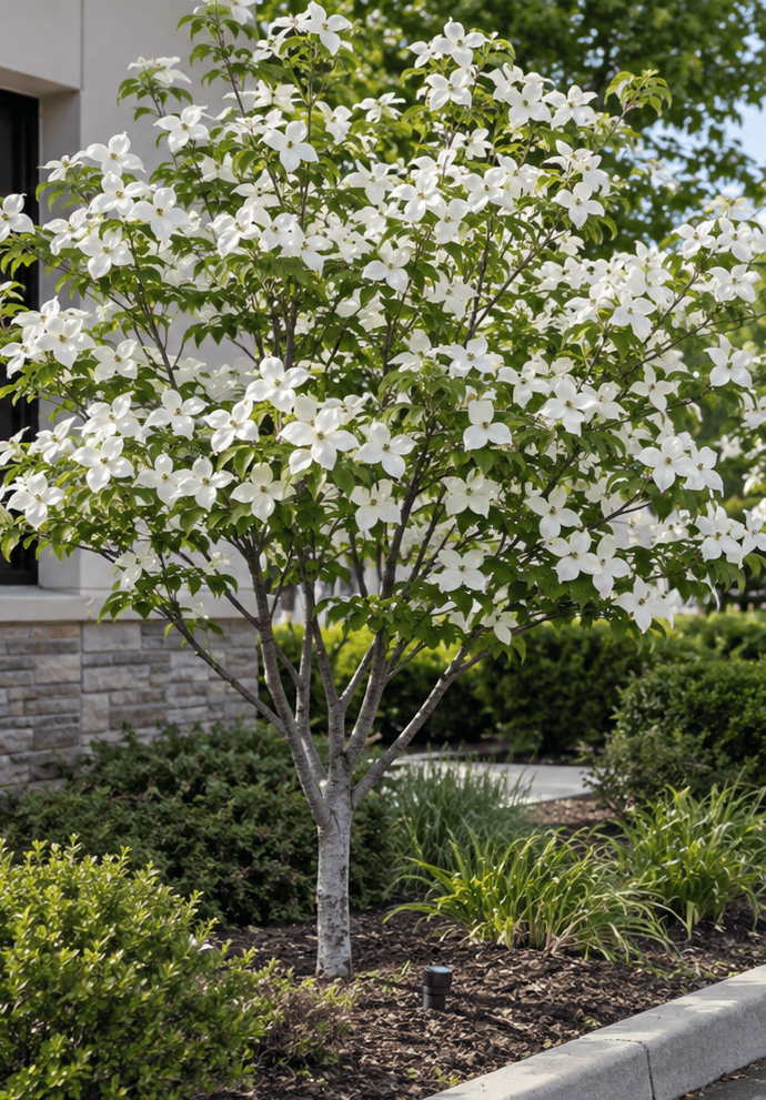 Young kousa dogwood covered in white blooms beside a landscaped parking area.