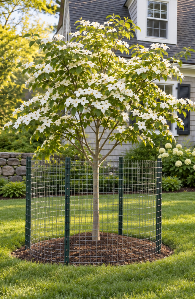 Young flowering kousa dogwood protected by a circular welded-wire fence in a suburban front yard.