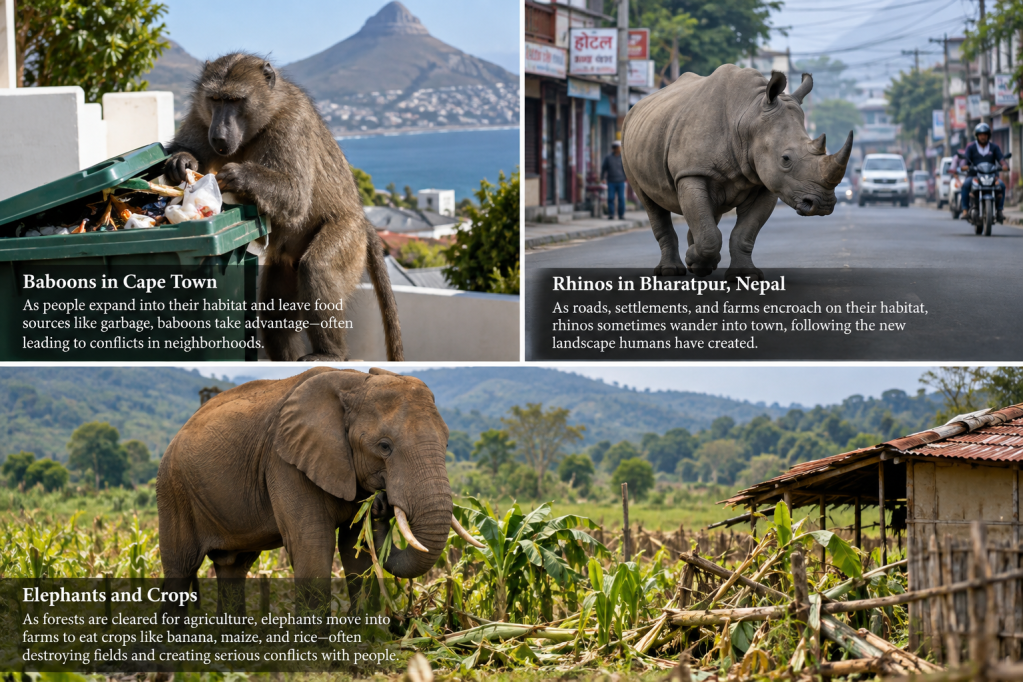 Illustrations of three human-wildlife conflicts: a baboon near homes in Cape Town, a rhino on a street in Nepal, and an elephant feeding in farmland.
