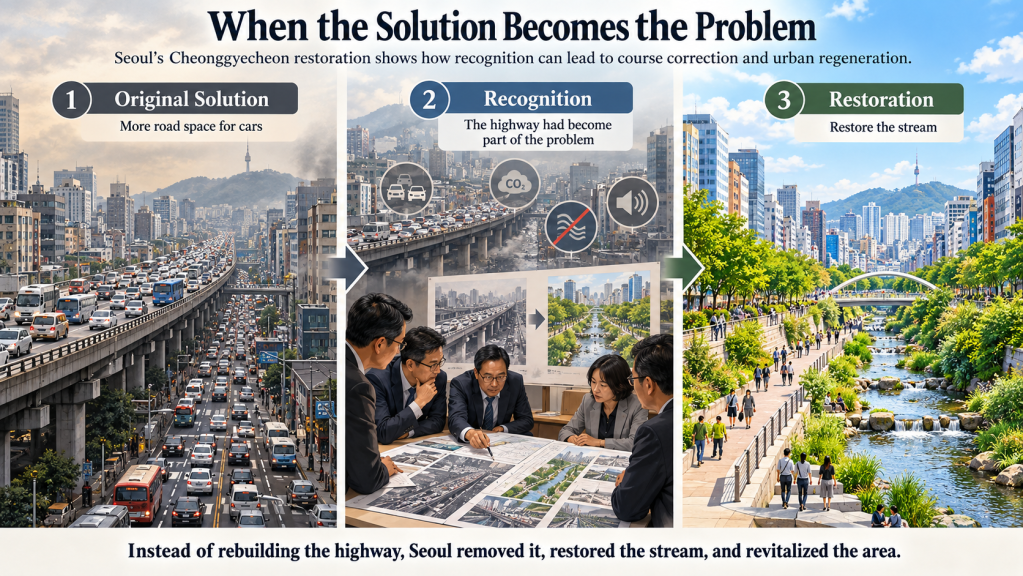 Three-panel infographic showing Seoul’s Cheonggyecheon restoration: a traffic-clogged elevated highway, recognition that the highway had become part of the problem, and the restored stream with green pedestrian space.