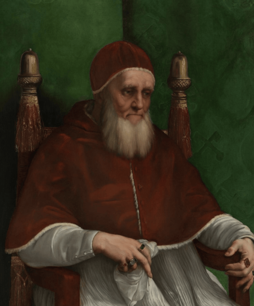 Raphael's portrait of Pope Julius II wearing red robes against a deep green background.

