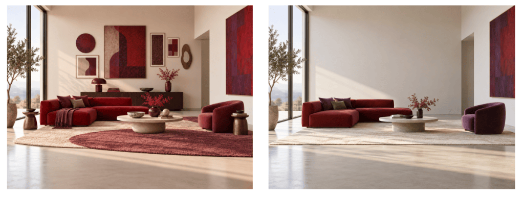 
Minimalist living room with a red sofa, purple chair, pale rug, and expansive empty wall and floor space.